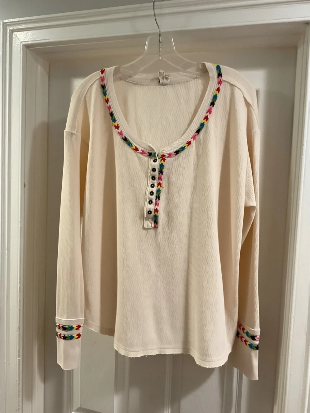 Free People Cream Long-Sleeve Scoop Neck Top with Multicolor Trim